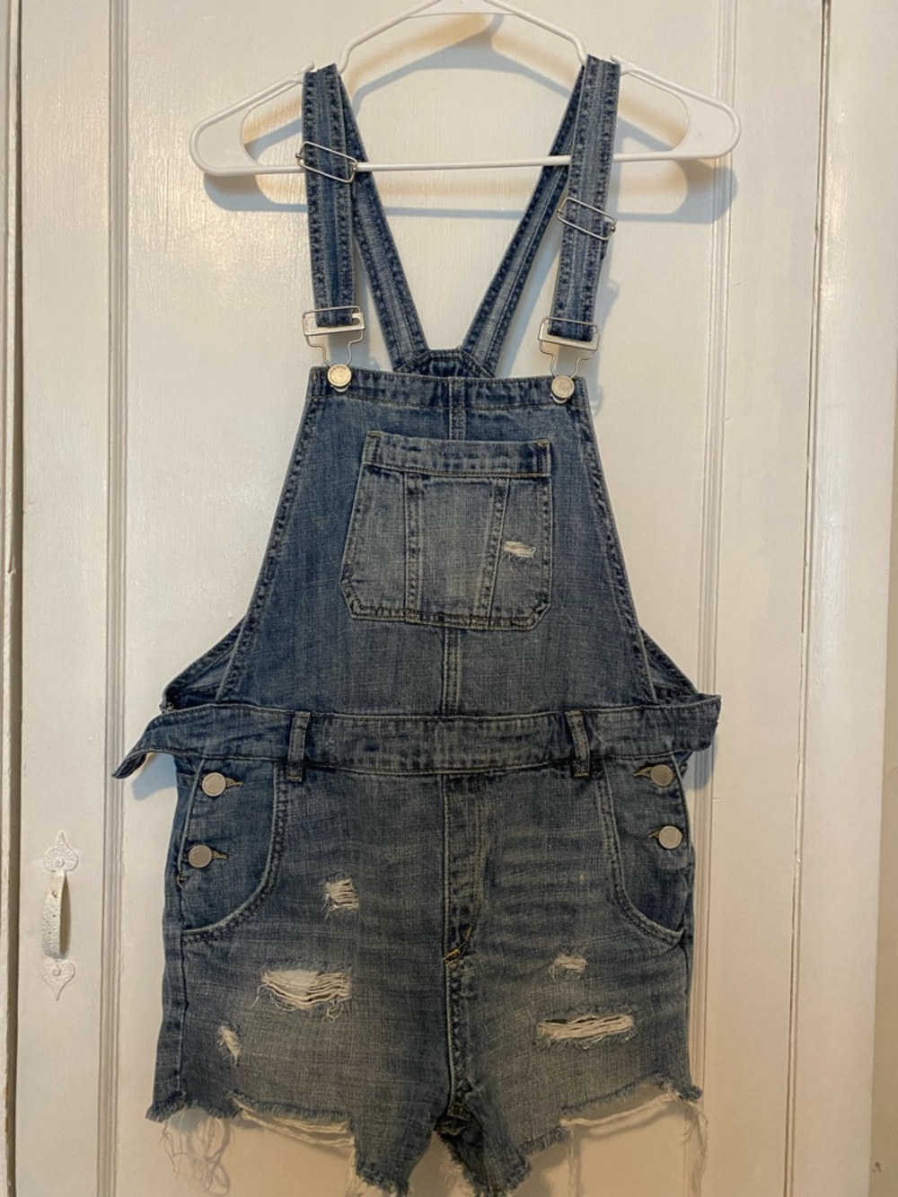 Blank NYC Distressed Denim Short Overalls in Blue